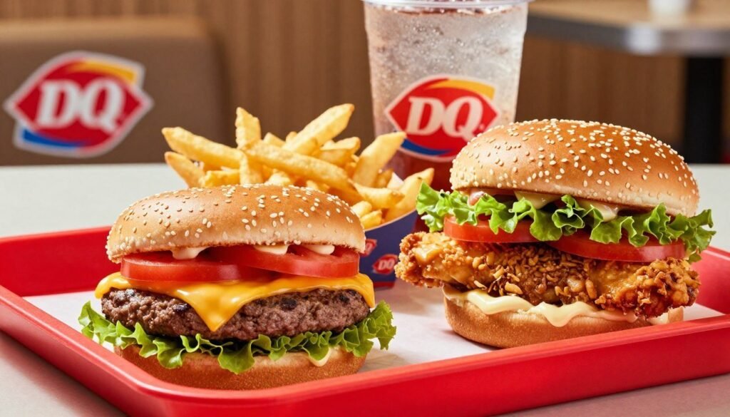 A beautifully arranged Dairy Queen burger and sandwich display, featuring a classic cheeseburger with melted cheese, fresh lettuce, ripe tomato, and special sauce on a sesame seed bun. In the foreground, highlight the succulent layers of the burger along with a crispy chicken sandwich, both served on a vibrant red restaurant tray. The middle ground showcases a side of crispy fries and a cold drink, with condensation on the glass to suggest freshness. The background features a subtle hint of a Dairy Queen restaurant, softly blurred to maintain focus on the food. The lighting is warm and inviting, with a soft focus effect to create a cozy, enticing atmosphere. The overall mood is appetizing and wholesome, showcasing the delicious nutrition aspect of the Dairy Queen menu. A beautifully arranged Dairy Queen burger and sandwich display, featuring a classic cheeseburger with melted cheese, fresh lettuce, ripe tomato, and special sauce on a sesame seed bun. In the foreground, highlight the succulent layers of the burger along with a crispy chicken sandwich, both served on a vibrant red restaurant tray. The middle ground showcases a side of crispy fries and a cold drink, with condensation on the glass to suggest freshness. The background features a subtle hint of a Dairy Queen restaurant, softly blurred to maintain focus on the food. The lighting is warm and inviting, with a soft focus effect to create a cozy, enticing atmosphere. The overall mood is appetizing and wholesome, showcasing the delicious nutrition aspect of the Dairy Queen menu.