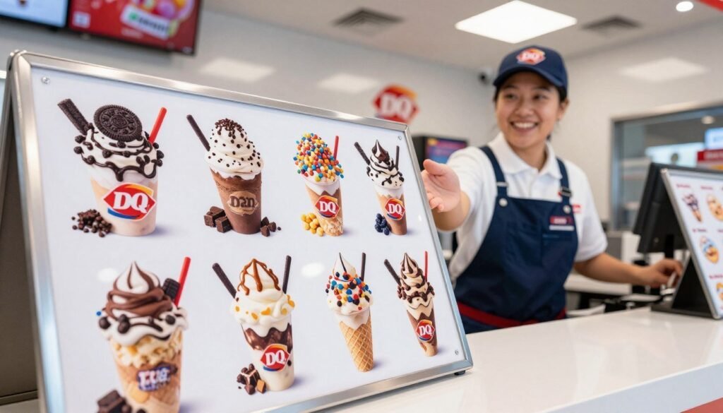 A beautifully arranged Dairy Queen menu displaying an array of Free Blizzards, featuring various flavors like Oreo, Brownie Batter, and M&M's. In the foreground, a glossy menu board with vibrant pictures of the Blizzards, showcasing their creamy textures and colorful toppings. The middle ground includes a friendly Dairy Queen employee wearing a clean uniform, smiling and gesturing towards the menu, creating a welcoming atmosphere. The background features a bright and inviting Dairy Queen store interior with soft lighting, emphasizing the fun and joyful experience of enjoying these delicious frozen treats. The mood is cheerful and appetizing, captured from a slightly elevated angle to highlight the menu and the enticing desserts. A beautifully arranged Dairy Queen menu displaying an array of Free Blizzards, featuring various flavors like Oreo, Brownie Batter, and M&M's. In the foreground, a glossy menu board with vibrant pictures of the Blizzards, showcasing their creamy textures and colorful toppings. The middle ground includes a friendly Dairy Queen employee wearing a clean uniform, smiling and gesturing towards the menu, creating a welcoming atmosphere. The background features a bright and inviting Dairy Queen store interior with soft lighting, emphasizing the fun and joyful experience of enjoying these delicious frozen treats. The mood is cheerful and appetizing, captured from a slightly elevated angle to highlight the menu and the enticing desserts.