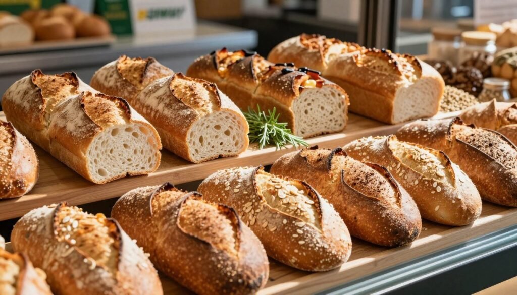 A beautifully arranged display of Subway bread options, showcasing a variety of bread types including Italian, Whole Wheat, Honey Oat, and Parmesan Oregano. In the foreground, the fresh, crusty loaves are sliced open to reveal their soft textures and enticing interiors. The middle ground features an assortment of ingredients like herbs and grains that highlight the freshness of the breads. In the background, a softly blurred Subway restaurant setting provides context without distracting from the bread. The lighting is bright and inviting, with natural sunlight streaming in to enhance the colors and textures of the bread. The atmosphere is warm and welcoming, evoking a sense of hunger and curiosity about the different bread options available. A beautifully arranged display of Subway bread options, showcasing a variety of bread types including Italian, Whole Wheat, Honey Oat, and Parmesan Oregano. In the foreground, the fresh, crusty loaves are sliced open to reveal their soft textures and enticing interiors. The middle ground features an assortment of ingredients like herbs and grains that highlight the freshness of the breads. In the background, a softly blurred Subway restaurant setting provides context without distracting from the bread. The lighting is bright and inviting, with natural sunlight streaming in to enhance the colors and textures of the bread. The atmosphere is warm and welcoming, evoking a sense of hunger and curiosity about the different bread options available.