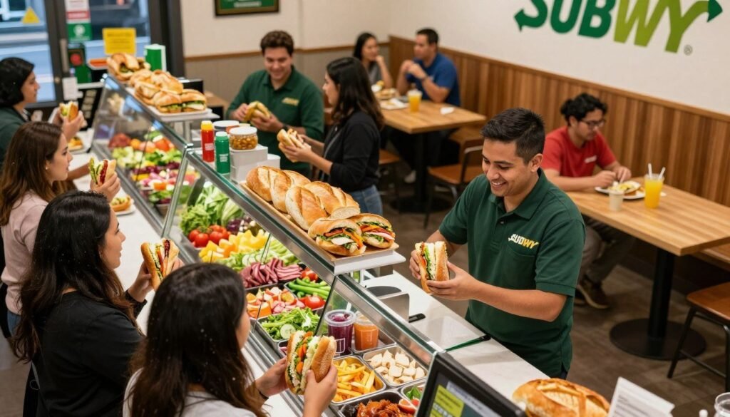 A busy Subway sandwich shop interior, filled with vibrant colors and the enticing aroma of fresh bread. In the foreground, a friendly staff member in a professional uniform stands behind the counter, smiling as they assist a diverse group of customers ordering sandwiches. The middle ground features a variety of ingredients displayed in sleek glass cases, showcasing fresh vegetables, meats, and condiments. In the background, customers chat excitedly while others enjoy their meals at wooden tables. Soft, warm lighting illuminates the scene, creating a welcoming atmosphere. The angle is slightly elevated, capturing the dynamic interaction between staff and customers and emphasizing the vibrant energy of the Subway experience.