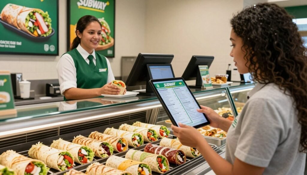 A vibrant Subway restaurant interior with a clean and inviting atmosphere. In the foreground, a well-organized display of colorful Subway wraps, showcasing fresh ingredients like crisp lettuce, juicy tomatoes, grilled chicken, and various sauces. A friendly staff member in professional business attire stands behind the counter, ready to assist customers. In the middle, a customer of diverse background examines the menu on a digital screen, thoughtfully deciding which wrap to order. The background features vibrant promotional posters highlighting different wrap options, with soft, warm lighting to create an inviting mood. The angle captures the interaction between staff and customer, emphasizing the ease of ordering both in-store and online. The scene conveys a sense of excitement and appetizing anticipation for lunch.