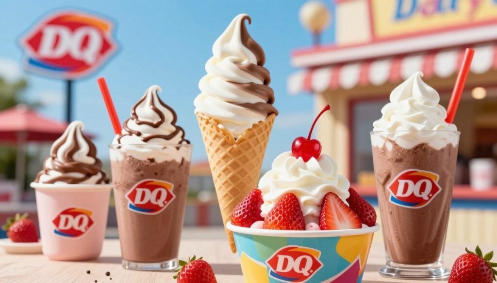 A vibrant display of Dairy Queen frozen treats, including a variety of sundaes, shakes, and soft serve cones in an inviting setting. In the foreground, a colorful bowl of a strawberry sundae topped with whipped cream and a cherry, beside a chocolate shake with a straw. The middle ground features a soft serve cone swirled high, showcasing the creamy texture and rich colors of vanilla and chocolate. The background is a sunny outdoor scene with hints of Dairy Queen branding and a clear blue sky, creating a cheerful atmosphere. The lighting is bright and cheerful, enhancing the refreshingly delicious look of the treats. The angle is slightly elevated to capture all elements clearly, evoking a sense of indulgence and joy. A vibrant display of Dairy Queen frozen treats, including a variety of sundaes, shakes, and soft serve cones in an inviting setting. In the foreground, a colorful bowl of a strawberry sundae topped with whipped cream and a cherry, beside a chocolate shake with a straw. The middle ground features a soft serve cone swirled high, showcasing the creamy texture and rich colors of vanilla and chocolate. The background is a sunny outdoor scene with hints of Dairy Queen branding and a clear blue sky, creating a cheerful atmosphere. The lighting is bright and cheerful, enhancing the refreshingly delicious look of the treats. The angle is slightly elevated to capture all elements clearly, evoking a sense of indulgence and joy.