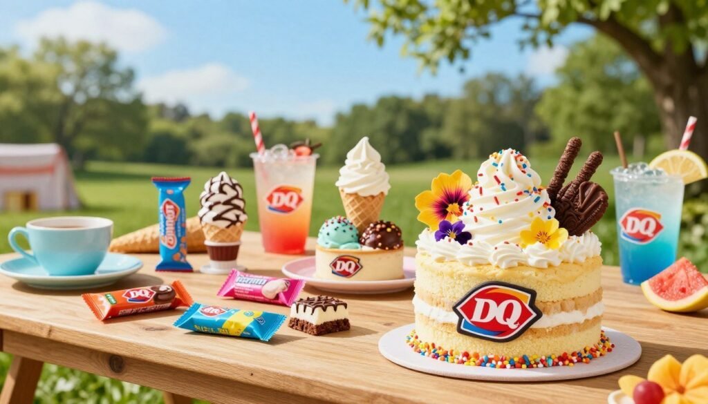 A vibrant display of Dairy Queen summer treats, focusing on an array of colorful cakes and novelties. In the foreground, showcase a beautifully decorated DQ ice cream cake topped with luscious whipped cream, sprinkles, and summer-themed decorations like edible flowers. Adjacent to the cake, feature an assortment of ice cream novelties in bright wrappers, including bars and cones adorned with chocolate drizzles. The middle ground presents a sunny outdoor picnic scene with a wooden table set with playful summer tableware and a chilled drink beside the treats. In the background, a clear blue sky and lush green trees create a cheerful atmosphere, symbolizing summer celebrations. Soft sunlight filters through, highlighting the textures of the desserts, while a shallow depth of field focuses on the treats, creating a warm and inviting mood perfect for summer gatherings.