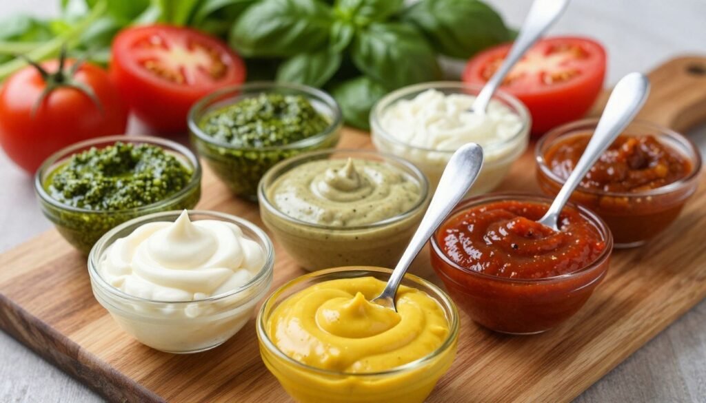A vibrant overhead view of a variety of Subway sauce toppings beautifully arranged on a wooden serving board. In the foreground, focus on a small bowl of creamy mayonnaise, bright yellow mustard, and zesty chipotle sauce, each with a spoon for serving. The middle ground features assorted toppings including fresh basil pesto and sweet onion sauce in sleek glass containers. In the background, a blurred backdrop of fresh veggies like sliced tomatoes and leafy greens adds color and context. Soft, natural light gently illuminates the scene, creating a warm and inviting atmosphere. The overall composition should feel fresh and appetizing, highlighting the diversity of flavors that can enhance a delicious sub sandwich. A vibrant overhead view of a variety of Subway sauce toppings beautifully arranged on a wooden serving board. In the foreground, focus on a small bowl of creamy mayonnaise, bright yellow mustard, and zesty chipotle sauce, each with a spoon for serving. The middle ground features assorted toppings including fresh basil pesto and sweet onion sauce in sleek glass containers. In the background, a blurred backdrop of fresh veggies like sliced tomatoes and leafy greens adds color and context. Soft, natural light gently illuminates the scene, creating a warm and inviting atmosphere. The overall composition should feel fresh and appetizing, highlighting the diversity of flavors that can enhance a delicious sub sandwich.