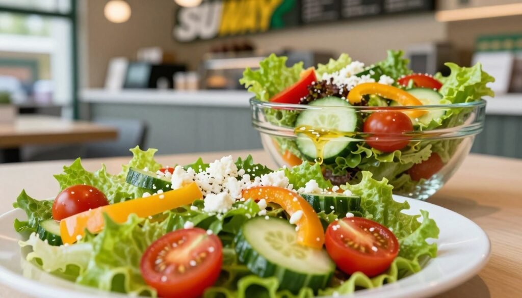 A visually appealing Subway salad displayed prominently in the foreground, showcasing a vibrant rainbow of fresh ingredients including crisp romaine lettuce, cherry tomatoes, cucumbers, bell peppers, and a sprinkle of feta cheese. In the middle ground, a clear glass bowl elegantly presents the salad, adorned with a light drizzle of vinaigrette that glistens under subtle, soft lighting. In the background, a clean, modern Subway restaurant interior is softly blurred, emphasizing a fresh and inviting atmosphere. The composition should have a top-down perspective, highlighting the colorful layers of the salad while creating a sense of freshness and healthiness. The mood is bright and appetizing, perfect for conveying nutritional vitality and flavor. A visually appealing Subway salad displayed prominently in the foreground, showcasing a vibrant rainbow of fresh ingredients including crisp romaine lettuce, cherry tomatoes, cucumbers, bell peppers, and a sprinkle of feta cheese. In the middle ground, a clear glass bowl elegantly presents the salad, adorned with a light drizzle of vinaigrette that glistens under subtle, soft lighting. In the background, a clean, modern Subway restaurant interior is softly blurred, emphasizing a fresh and inviting atmosphere. The composition should have a top-down perspective, highlighting the colorful layers of the salad while creating a sense of freshness and healthiness. The mood is bright and appetizing, perfect for conveying nutritional vitality and flavor.