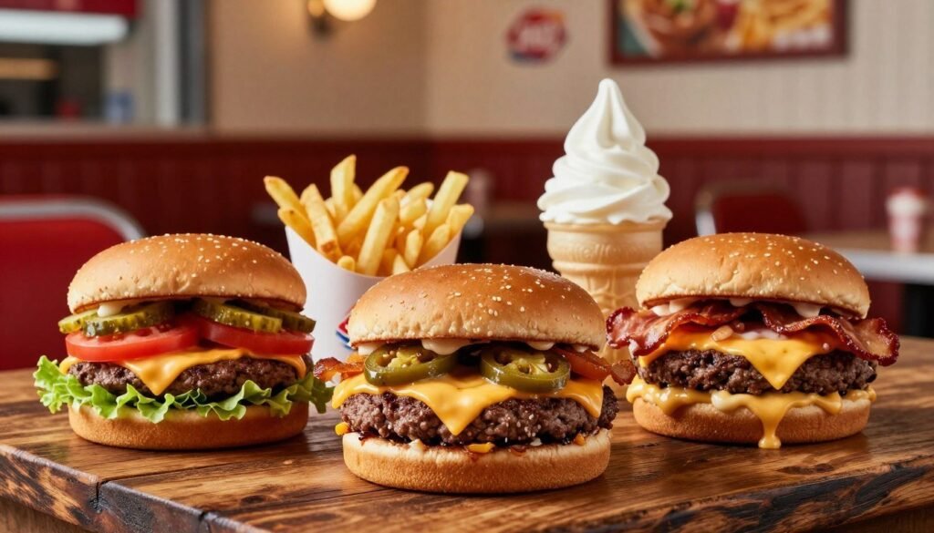 A visually appealing arrangement of Dairy Queen cheeseburger varieties prominently displayed on a rustic wooden table. In the foreground, showcase three mouthwatering cheeseburgers: a classic cheeseburger with a juicy beef patty, melty American cheese, crispy lettuce, ripe tomato, and pickles; a spicy cheeseburger featuring jalapeños and pepper jack cheese; and a deluxe cheeseburger piled high with bacon and special sauce. The middle ground should include colorful side items like golden French fries and a creamy soft-serve ice cream cone, adding to the indulgent atmosphere. The background softly blurs to reveal a cozy diner setting with warm, inviting lighting, reminiscent of a classic fast-food joint. Capture the scene using a shallow depth of field to highlight the burgers, creating an appetizing and nostalgic mood. A visually appealing arrangement of Dairy Queen cheeseburger varieties prominently displayed on a rustic wooden table. In the foreground, showcase three mouthwatering cheeseburgers: a classic cheeseburger with a juicy beef patty, melty American cheese, crispy lettuce, ripe tomato, and pickles; a spicy cheeseburger featuring jalapeños and pepper jack cheese; and a deluxe cheeseburger piled high with bacon and special sauce. The middle ground should include colorful side items like golden French fries and a creamy soft-serve ice cream cone, adding to the indulgent atmosphere. The background softly blurs to reveal a cozy diner setting with warm, inviting lighting, reminiscent of a classic fast-food joint. Capture the scene using a shallow depth of field to highlight the burgers, creating an appetizing and nostalgic mood.