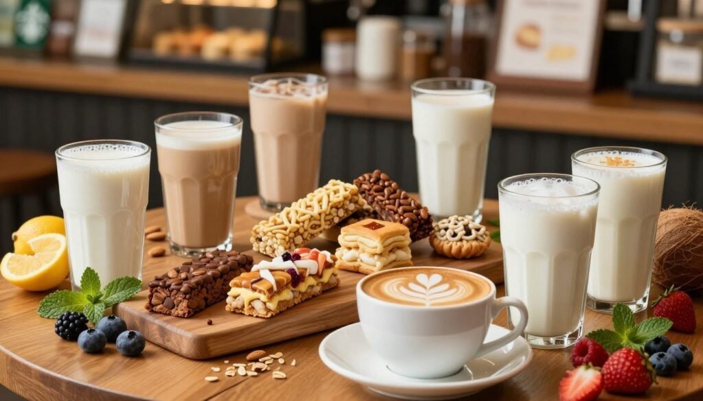 A beautifully arranged display of dairy-free options, featuring a variety of plant-based beverages, including almond milk lattes, oat milk cappuccinos, and coconut milk smoothies. In the foreground, a well-crafted latte art in a cup, surrounded by vibrant, fresh fruits like berries and a sprig of mint. The middle layer showcases a selection of colorful dairy-free snack options such as energy bars and pastries on a wooden table, highlighting their textures and intricate details. The background features a softly blurred Starbucks counter, with warm, inviting lighting creating a cozy atmosphere. The scene captures an inviting, healthy lifestyle vibe, aiming to represent the diversity and appeal of dairy-free items. Shot with a shallow depth of field to focus on the foreground elements.