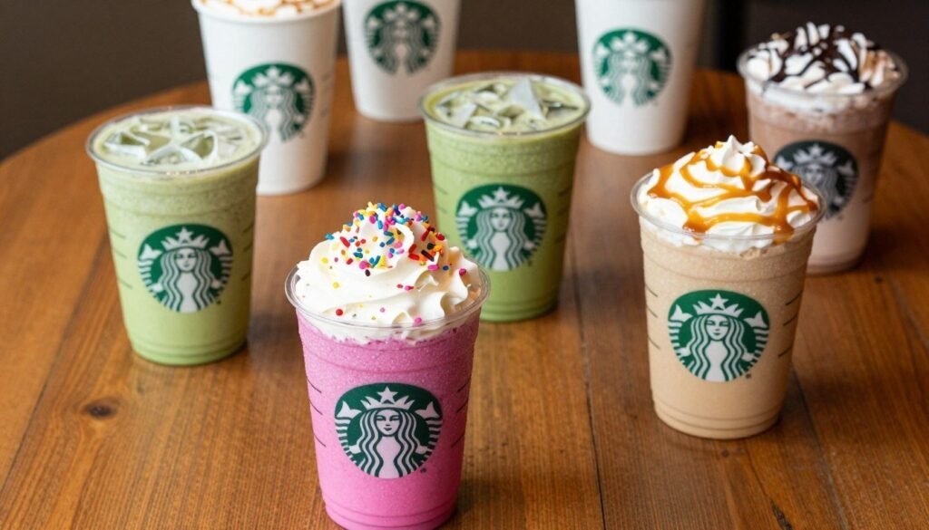 A beautifully arranged flat lay of various colorful Starbucks secret menu drinks on a rustic wooden table. In the foreground, highlight a vibrant pink drink topped with whipped cream and colorful sprinkles, alongside a creamy caramel drink with a drizzle of caramel sauce. In the middle ground, include a light green matcha-based beverage and a cup of refreshing zebra hot chocolate. The background features blurred Starbucks cups and iconic logos subtly out of focus, creating a cozy café atmosphere. Soft, warm lighting casts gentle shadows, enhancing the inviting feel of the scene. The angle should capture the drinks from above, emphasizing their enticing colors and textures, inviting the viewer to explore the unique flavors of the secret menu.