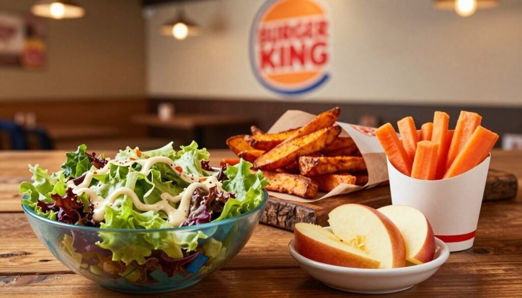 A beautifully arranged table featuring a selection of Burger King's healthy side dishes. In the foreground, a colorful bowl of fresh garden salad topped with vinaigrette, a small serving of apple slices, and a cup of carrot sticks. The middle ground shows a portion of crispy, baked sweet potato fries, neatly placed on a rustic wooden surface. The background is softly blurred, revealing the friendly environment of a Burger King restaurant, with warm lighting that highlights the freshness of the food. The atmosphere is inviting and wholesome, encouraging customers to choose nutritious options. The angle is slightly overhead for a dynamic view, with a focus on the vibrant colors and textures of the dishes, emphasizing health and vitality. A beautifully arranged table featuring a selection of Burger King's healthy side dishes. In the foreground, a colorful bowl of fresh garden salad topped with vinaigrette, a small serving of apple slices, and a cup of carrot sticks. The middle ground shows a portion of crispy, baked sweet potato fries, neatly placed on a rustic wooden surface. The background is softly blurred, revealing the friendly environment of a Burger King restaurant, with warm lighting that highlights the freshness of the food. The atmosphere is inviting and wholesome, encouraging customers to choose nutritious options. The angle is slightly overhead for a dynamic view, with a focus on the vibrant colors and textures of the dishes, emphasizing health and vitality.