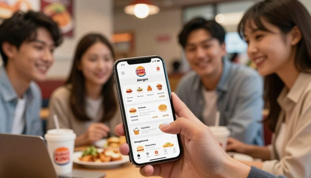 A close-up view of a modern mobile phone displaying the Burger King allergen menu app interface. The screen features a user-friendly layout with vibrant icons and detailed allergen information for various menu items, all set against a softly blurred restaurant background. In the foreground, a diverse group of young adults in professional casual clothing is actively engaged with the app, pointing at the screen and discussing options, conveying a sense of collaboration and safety in dining choices. The lighting is warm and inviting, highlighting the phone's display while softly illuminating the faces of the users. The mood is focused and informative, evoking a sense of empowerment in making informed food choices.