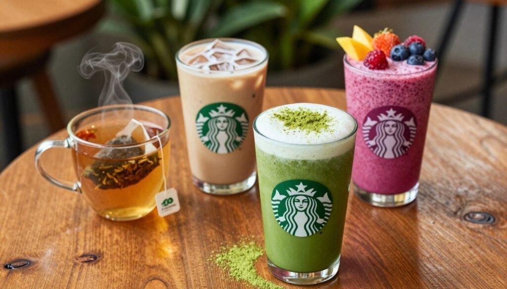 A vibrant and inviting display of health-conscious Starbucks drinks on a rustic wooden table. In the foreground, showcase a tall, clear glass filled with a colorful combination of a green matcha latte topped with a dusting of matcha powder, a refreshing iced coconut milk mocha with a hint of chocolate, and a bright berry smoothie adorned with fresh fruits on the rim. In the middle ground, include a steaming herbal tea in a clear mug, with a delicate teabag tag hanging over the edge. The background features a cozy café atmosphere with soft, warm lighting reflecting off wooden surfaces, and verdant plants adding a touch of greenery. The overall mood should feel refreshing, vibrant, and inviting, encapsulating a health-conscious lifestyle. The angle should be slightly overhead to capture all drinks clearly, creating an enticing and appealing visual. A vibrant and inviting display of health-conscious Starbucks drinks on a rustic wooden table. In the foreground, showcase a tall, clear glass filled with a colorful combination of a green matcha latte topped with a dusting of matcha powder, a refreshing iced coconut milk mocha with a hint of chocolate, and a bright berry smoothie adorned with fresh fruits on the rim. In the middle ground, include a steaming herbal tea in a clear mug, with a delicate teabag tag hanging over the edge. The background features a cozy café atmosphere with soft, warm lighting reflecting off wooden surfaces, and verdant plants adding a touch of greenery. The overall mood should feel refreshing, vibrant, and inviting, encapsulating a health-conscious lifestyle. The angle should be slightly overhead to capture all drinks clearly, creating an enticing and appealing visual.