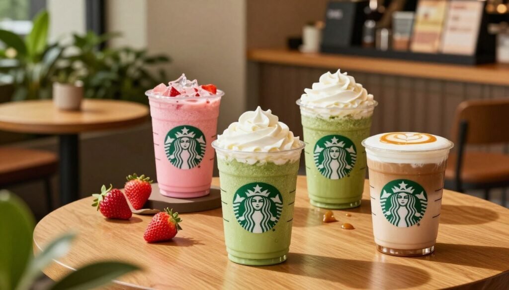 A vibrant composition showcasing a variety of Starbucks secret menu drinks. In the foreground, display three unique beverages with colorful layers: a pink drink with fresh strawberries, a green matcha frappuccino topped with whipped cream, and a rich caramel macchiato with a drizzle of caramel. In the middle, include a well-organized small table with a stylish coffee shop background, featuring green plants and an inviting atmosphere with soft, warm lighting. The lighting should create a cozy and welcoming ambiance, casting gentle shadows and highlights on the drinks. Use a slightly blurred background to emphasize the drinks in the foreground, giving a professional and polished look. The mood should be cheerful and trendy, appealing to coffee enthusiasts and those curious about secret Starbucks offerings. A vibrant composition showcasing a variety of Starbucks secret menu drinks. In the foreground, display three unique beverages with colorful layers: a pink drink with fresh strawberries, a green matcha frappuccino topped with whipped cream, and a rich caramel macchiato with a drizzle of caramel. In the middle, include a well-organized small table with a stylish coffee shop background, featuring green plants and an inviting atmosphere with soft, warm lighting. The lighting should create a cozy and welcoming ambiance, casting gentle shadows and highlights on the drinks. Use a slightly blurred background to emphasize the drinks in the foreground, giving a professional and polished look. The mood should be cheerful and trendy, appealing to coffee enthusiasts and those curious about secret Starbucks offerings.