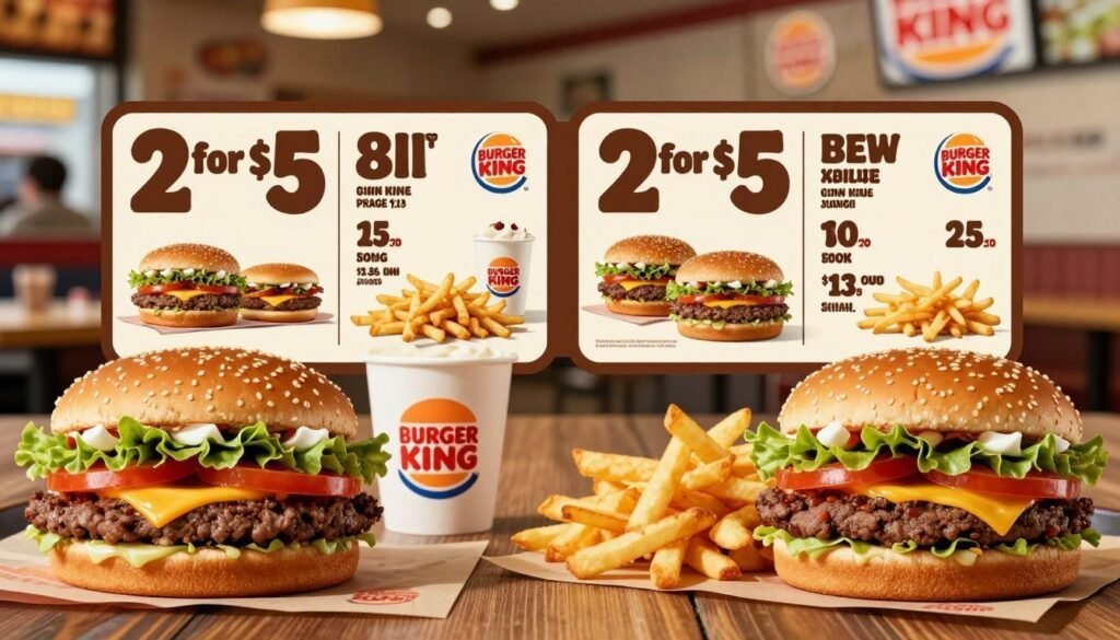 A vibrant, detailed image comparing Burger King’s 2 for $5 menu items with similar offerings from competitors. In the foreground, showcase appetizing burgers and fries from the value menu, perfectly layered with toppings and side dishes, illuminated with soft, natural lighting to enhance their freshness. In the middle ground, display a well-organized side-by-side comparison of pricing cards and menu graphics, subtly featuring Burger King's signature colors. The background should be a blurred fast-food restaurant interior, conveying a casual and inviting atmosphere. Use a slight top-down angle to capture both the food items and pricing, emphasizing the value proposition. The mood should be cheerful and enticing, capturing the essence of a quick culinary comparison in a dynamic dining setting. A vibrant, detailed image comparing Burger King’s 2 for $5 menu items with similar offerings from competitors. In the foreground, showcase appetizing burgers and fries from the value menu, perfectly layered with toppings and side dishes, illuminated with soft, natural lighting to enhance their freshness. In the middle ground, display a well-organized side-by-side comparison of pricing cards and menu graphics, subtly featuring Burger King's signature colors. The background should be a blurred fast-food restaurant interior, conveying a casual and inviting atmosphere. Use a slight top-down angle to capture both the food items and pricing, emphasizing the value proposition. The mood should be cheerful and enticing, capturing the essence of a quick culinary comparison in a dynamic dining setting.