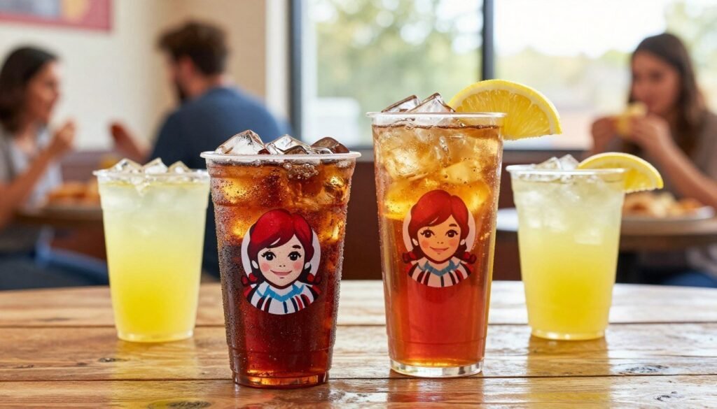 A vibrant display of Wendy's signature beverages sits invitingly on a rustic wooden table, capturing attention with their colorful variety. In the foreground, a large frosty cup of classic soda with ice pellets glistening in the light, next to a tall cup of refreshing iced tea adorned with a slice of lemon. A smaller cup of lemonade, bright and cheerful, adds a refreshing yellow accent. The middle ground features a casual Wendy’s setting, with a soft blurred glimpse of diners enjoying their meals. The background is warm and inviting, with natural sunlight streaming in through large windows, casting a soft glow over the scene, enhancing the thirst-quenching appeal. The composition showcases a mouthwatering selection, evoking a mood of relaxation and satisfaction.
