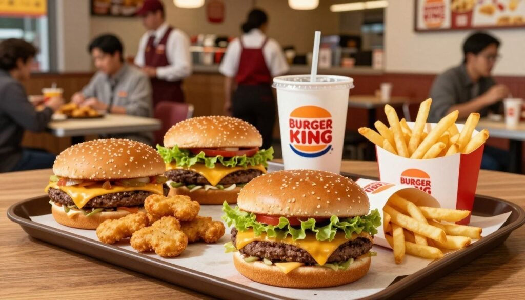 A vibrant display of the Burger King value menu featuring an assortment of affordable items like the classic cheeseburger, chicken nuggets, and fries, neatly arranged on a wooden tray. In the foreground, focus on a deliciously stacked burger with melted cheese and fresh lettuce, paired with crispy golden fries. The middle ground showcases the iconic Burger King packaging, with a drink beside the tray. In the background, a bustling fast-food restaurant atmosphere with friendly staff wearing professional uniforms and customers enjoying their meals. Soft, warm lighting enhances the inviting feel of the scene, shot from a slight bird's eye view to capture the food details effectively. The overall mood conveys affordability, satisfaction, and community.