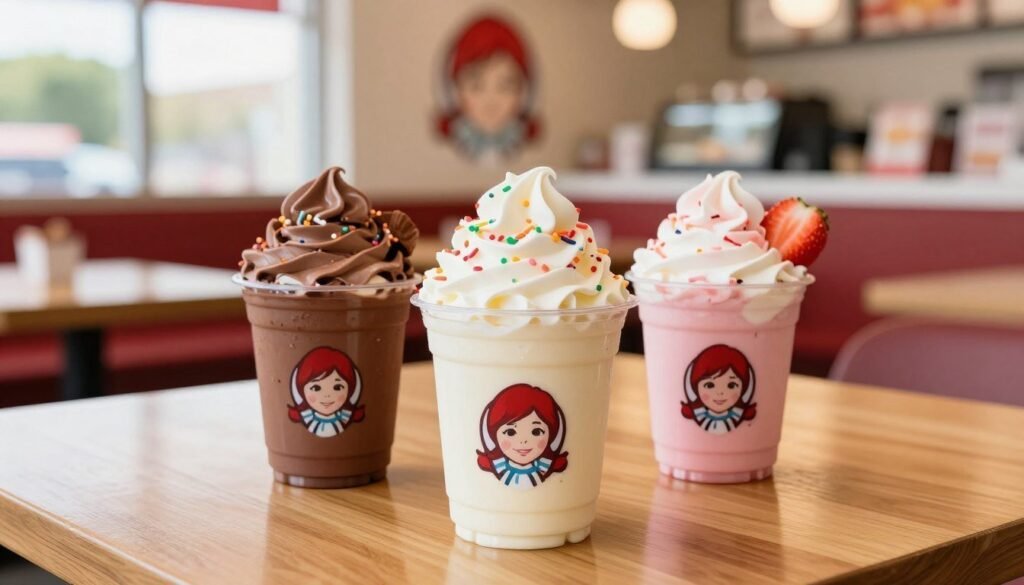 A visually enticing display of Wendy's Frosty flavors, featuring a trio of delicious Frostys in vibrant colors: classic chocolate, rich vanilla, and delightful strawberry. The Frostys sit in clear cups, topped with dollops of whipped cream and colorful sprinkles, nestled on a sleek, wooden table. The background showcases a cheerful fast-food setting with soft, warm lighting, giving a cozy yet lively atmosphere. Captured from a slightly elevated angle, the image invites viewers to indulge. The focus is sharp on the Frostys with a gentle bokeh effect blurring the rest, evoking a sense of refreshing sweetness. The scene is brightened by natural daylight filtering through nearby windows, enhancing the inviting tone of this satisfying dessert moment. A visually enticing display of Wendy's Frosty flavors, featuring a trio of delicious Frostys in vibrant colors: classic chocolate, rich vanilla, and delightful strawberry. The Frostys sit in clear cups, topped with dollops of whipped cream and colorful sprinkles, nestled on a sleek, wooden table. The background showcases a cheerful fast-food setting with soft, warm lighting, giving a cozy yet lively atmosphere. Captured from a slightly elevated angle, the image invites viewers to indulge. The focus is sharp on the Frostys with a gentle bokeh effect blurring the rest, evoking a sense of refreshing sweetness. The scene is brightened by natural daylight filtering through nearby windows, enhancing the inviting tone of this satisfying dessert moment.