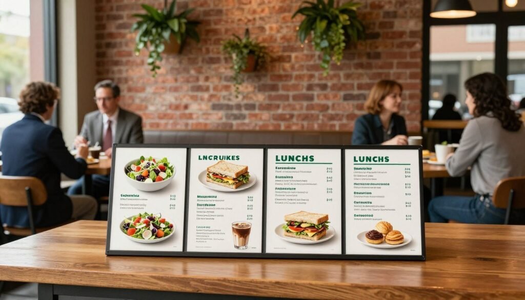 A vivid and inviting scene depicting a beautifully arranged Starbucks lunch menu pricing display. In the foreground, a stylish wooden table features an elegant coffee shop menu board, showcasing various lunch options like salads, sandwiches, and pastries, elegantly displayed with clear, appealing pricing. The middle section captures a warm atmosphere with rustic brick walls adorned with green plants and subtle lighting that creates a cozy ambience. In the background, patrons in professional business attire enjoy their meals, engaged in light conversation, enhancing the inviting mood of the café. Soft natural light streams through large windows, enhancing the vibrant colors of the food items, creating an atmosphere perfect for midday dining. The overall scene evokes comfort and community, inviting viewers to explore the delicious offerings.