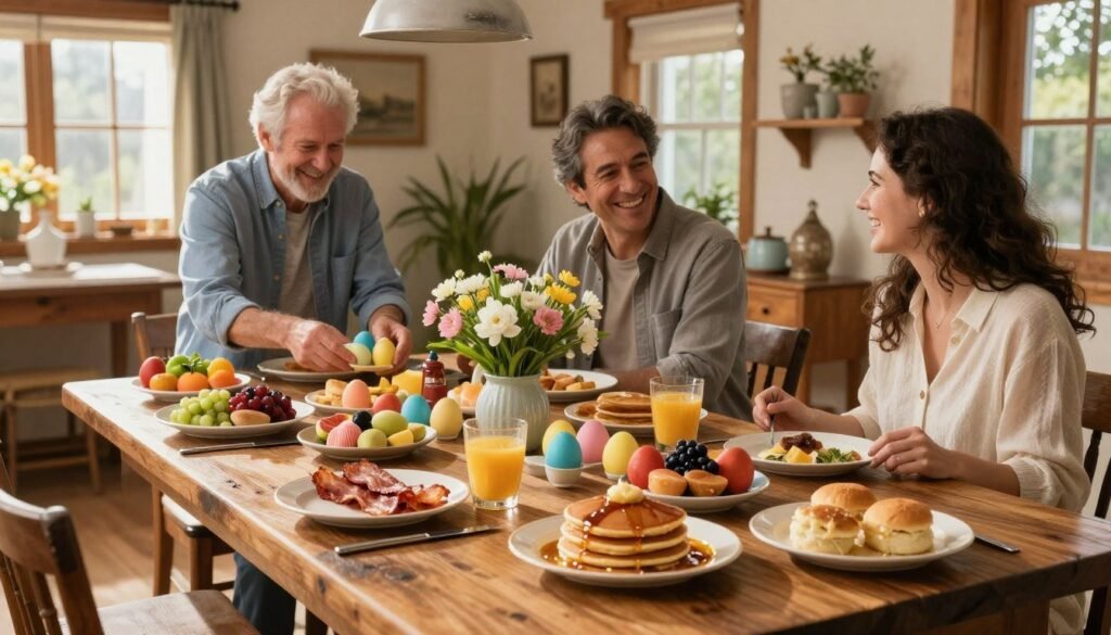 A beautifully arranged Cracker Barrel Easter breakfast table, set for a joyful holiday gathering. In the foreground, a large, rustic wooden table features a centerpiece of colorful Easter eggs and fresh spring flowers. A variety of traditional breakfast dishes are artfully displayed: fluffy pancakes drizzled with syrup, crispy bacon, warm biscuits with gravy, and seasonal fruit in vibrant colors. In the middle ground, two adults in smart casual clothing are serving food, smiling as they engage in friendly conversation. The background showcases a cozy, warmly lit dining area with wooden beams and country decor, creating a welcoming and festive atmosphere. The lighting is soft and inviting, with sunlight streaming through the windows, casting a gentle glow on the table and dishes.
