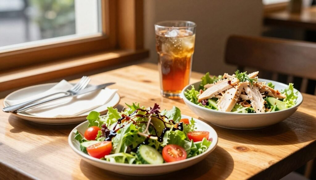 A beautifully arranged Cracker Barrel lunch table featuring a selection of fresh salads, emphasizing lighter lunch choices. In the foreground, a vibrant garden salad with mixed greens, cherry tomatoes, cucumbers, and a drizzle of balsamic vinaigrette, alongside a classic chicken salad served in a bowl. The middle ground includes a wooden table with rustic utensils, a glass of iced tea, and a light, airy atmosphere filled with natural daylight filtering through a nearby window, casting gentle shadows. The background hints at a cozy, welcoming restaurant interior, with wooden accents and soft, warm colors enhancing the inviting vibe. The overall mood is fresh and wholesome, perfect for those exploring healthier dining options.