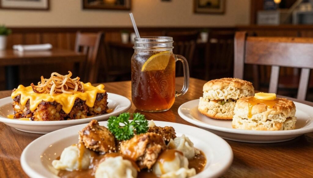 A beautifully arranged Cracker Barrel table setting showcases a variety of menu items, highlighting creative menu hacks. In the foreground, focus on a plate featuring a savory chicken and dumplings dish, drizzled with gravy and garnished with fresh parsley. Beside it, a colorful side of loaded hash brown casserole topped with melted cheese and crispy onions. In the middle, a mason jar filled with sweet tea adds a rustic touch, while a warm biscuit with honey butter sits invitingly. The background features the cozy and charming interior of a Cracker Barrel restaurant, with wooden decor and warm lighting that creates an inviting atmosphere. Use a warm, soft focus with natural lighting to enhance the homey feel. Capture from a slightly elevated angle to emphasize the array of delicious food.