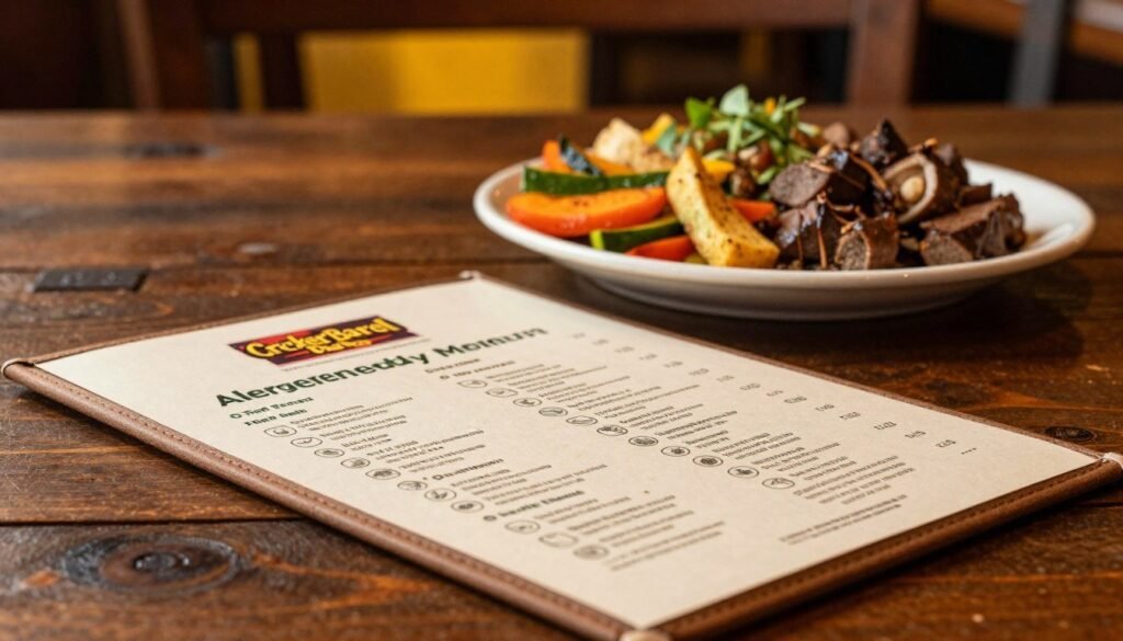 A beautifully arranged allergen-friendly menu from Cracker Barrel, prominently displayed on a rustic wooden table. In the foreground, the menu features clear, allergen-friendly symbols, with an emphasis on nut-free options. Soft, natural lighting casts a warm glow on the menu, highlighting the inviting colors of the paper and text. In the middle ground, a plate of Cracker Barrel's hearty, allergen-friendly dishes is artfully presented, showcasing vibrant vegetables and proteins without nuts. The background includes hints of the cozy restaurant ambiance, such as wooden beams and warm yellow lighting, creating a welcoming atmosphere. The entire scene conveys a sense of comfort and care for diners with nut allergies, inviting them to explore their safe dining options.