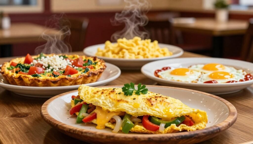 A beautifully arranged breakfast table showcasing a selection of Cracker Barrel's omelets and egg creations. In the foreground, a fluffy three-cheese omelet filled with peppers and onions, garnished with fresh parsley, sits on a rustic wooden plate. Next to it, a vibrant vegetable frittata, topped with diced tomatoes and a sprinkle of feta cheese, adds color. The middle ground features steaming plates of scrambled eggs and perfectly cooked sunny-side-up eggs drizzled with hot sauce. In the background, a comforting, homey diner setting is illuminated by warm, soft lighting, enhancing the inviting atmosphere. The scene is captured from a slight angle to provide depth, using a shallow depth of field to softly blur the background while keeping the omelets in sharp focus.