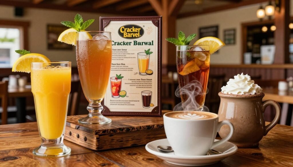 A beautifully arranged breakfast table showcasing a variety of Cracker Barrel beverages. In the foreground, there are tall, clear glasses of freshly squeezed orange juice and sweet tea, garnished with lemon slices and mint leaves. A steaming cup of rich coffee with a delicate foam art sits next to a rustic ceramic mug filled with hot chocolate, topped with whipped cream. In the middle layer, a rustic wooden table displays a classic Cracker Barrel menu featuring colorful illustrations of drink pairings. The background features a warm, inviting interior of a Cracker Barrel restaurant, with wooden beams and vintage decor, bathed in soft, natural lighting. The overall mood is cozy and nostalgic, evoking a joyful start to the day. The composition captures the essence of comfort and tradition.