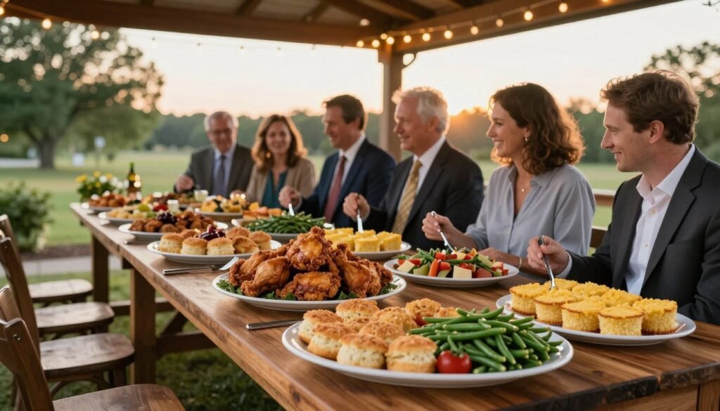 A beautifully arranged catering setup for Cracker Barrel, featuring a long wooden table adorned with classic Southern dishes like fried chicken, biscuits, green beans, and cornbread. The foreground shows expertly crafted serving platters, filled with vibrant, appetizing food. In the middle, guests in professional attire gather around the table, smiling and enjoying the offerings in a well-decorated outdoor event space, with twinkling string lights overhead. The background reveals lush greenery and a sunset casting a warm, inviting glow over the scene. The mood is cheerful and casual, perfect for a celebratory event. Soft focus enhances the friendly atmosphere, capturing the essence of a memorable gathering.