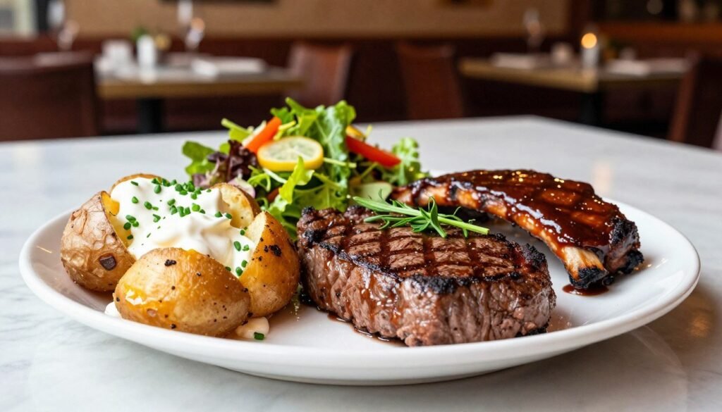 A beautifully arranged plate featuring Chili's premium steaks and smokehouse combos, centered in a well-lit, elegant dining setting. In the foreground, showcase a perfectly grilled medium-rare steak, with grill marks, garnished with fresh herbs, alongside a generous portion of loaded baked potatoes topped with sour cream and chives. A side of smoky, flavorful ribs drizzled with barbecue sauce complements the steak. In the middle ground, place a rich, vibrant salad with fresh greens and colorful vegetables. The background should feature a warm, inviting restaurant ambiance with dimmed lights and wooden accents, enhancing the savory atmosphere. Use natural lighting to highlight the food textures and make the colors pop, capturing a cozy yet upscale dining experience. A beautifully arranged plate featuring Chili's premium steaks and smokehouse combos, centered in a well-lit, elegant dining setting. In the foreground, showcase a perfectly grilled medium-rare steak, with grill marks, garnished with fresh herbs, alongside a generous portion of loaded baked potatoes topped with sour cream and chives. A side of smoky, flavorful ribs drizzled with barbecue sauce complements the steak. In the middle ground, place a rich, vibrant salad with fresh greens and colorful vegetables. The background should feature a warm, inviting restaurant ambiance with dimmed lights and wooden accents, enhancing the savory atmosphere. Use natural lighting to highlight the food textures and make the colors pop, capturing a cozy yet upscale dining experience.