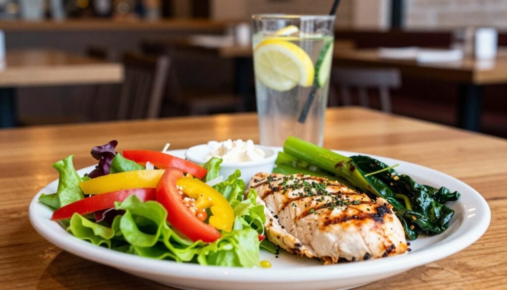 A beautifully arranged plate featuring Portillo's low-sodium menu items, including a vibrant garden salad with a rainbow of fresh vegetables, grilled chicken breast seasoned with herbs, and a side of steamed vegetables. In the foreground, the vivid colors of the food pop against a stylish wooden table. In the middle ground, a glass of infused water with lemon and cucumber complements the meal, reflecting health-conscious choices. The background features a softly blurred restaurant interior, bathed in warm, inviting lighting that enhances the welcoming atmosphere. The focus is sharp on the food items, while a gentle bokeh effect creates a feeling of warmth and comfort, perfect for showcasing healthy dining options. A beautifully arranged plate featuring Portillo's low-sodium menu items, including a vibrant garden salad with a rainbow of fresh vegetables, grilled chicken breast seasoned with herbs, and a side of steamed vegetables. In the foreground, the vivid colors of the food pop against a stylish wooden table. In the middle ground, a glass of infused water with lemon and cucumber complements the meal, reflecting health-conscious choices. The background features a softly blurred restaurant interior, bathed in warm, inviting lighting that enhances the welcoming atmosphere. The focus is sharp on the food items, while a gentle bokeh effect creates a feeling of warmth and comfort, perfect for showcasing healthy dining options.