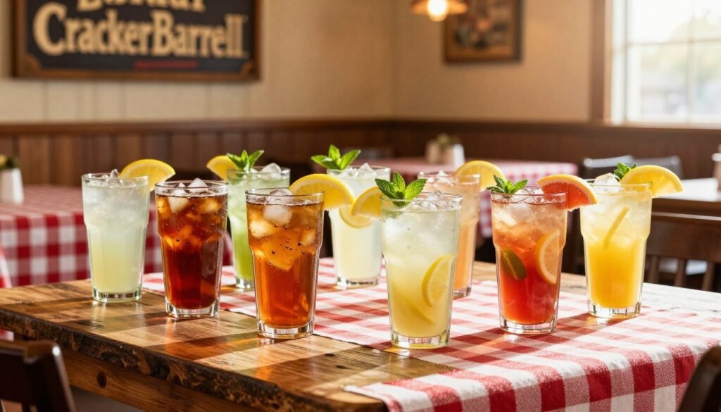 A beautifully arranged table featuring a variety of Cracker Barrel’s refreshing cold beverages. In the foreground, display colorful glasses filled with iced tea, lemonade, and fruit punch, garnished with fresh lemon slices and mint leaves. The middle ground should showcase a rustic wooden table with a charming checkered tablecloth, enhancing the cozy, welcoming atmosphere of Cracker Barrel. In the background, softly blurred, include elements of a classic country diner, such as vintage wooden signs and warm, ambient lighting that creates a cheerful mood. The image should have a warm color palette with inviting, soft sunlight streaming in, evoking the comfort of a family dining experience.