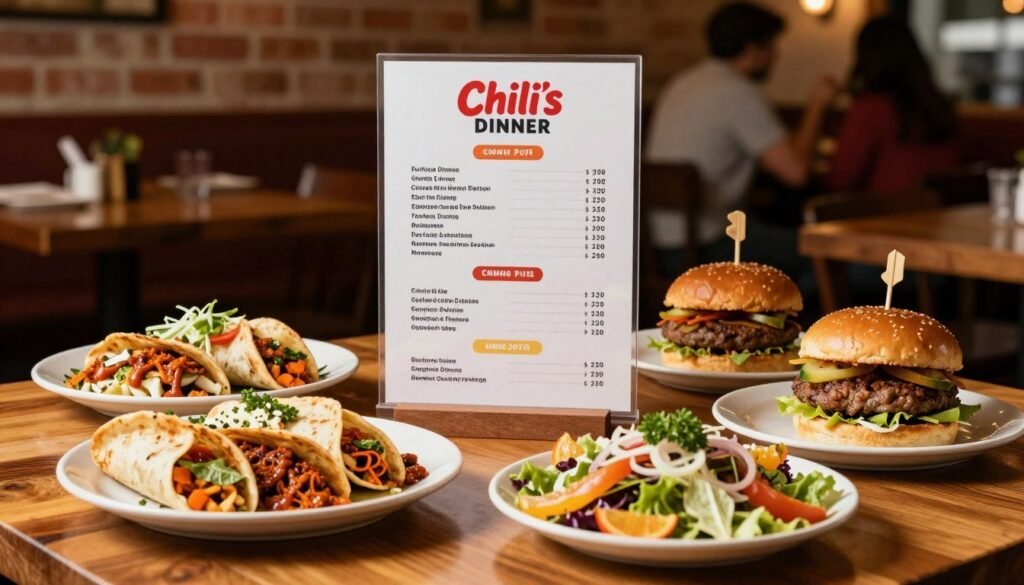 A beautifully arranged table showcasing Chili's dinner menu pricing, prominently featuring a selection of delicious dishes. In the foreground, a well-lit wooden table displaying vibrant plates of sizzling fajitas, tempting burgers, and colorful salads. Each dish is artfully garnished, reflecting freshness and mouthwatering appeal. In the middle, a stylish, clear menu template is elegantly presented, with detailed pricing next to each dish, focusing on money-saving combo options. The background consists of soft, warm lighting that creates a cozy ambiance reminiscent of a friendly restaurant setting, with hints of rustic decor like exposed brick walls and soft-focus diners enjoying their meals. The overall mood is inviting and appetizing, enticing viewers to explore dinner options. A beautifully arranged table showcasing Chili's dinner menu pricing, prominently featuring a selection of delicious dishes. In the foreground, a well-lit wooden table displaying vibrant plates of sizzling fajitas, tempting burgers, and colorful salads. Each dish is artfully garnished, reflecting freshness and mouthwatering appeal. In the middle, a stylish, clear menu template is elegantly presented, with detailed pricing next to each dish, focusing on money-saving combo options. The background consists of soft, warm lighting that creates a cozy ambiance reminiscent of a friendly restaurant setting, with hints of rustic decor like exposed brick walls and soft-focus diners enjoying their meals. The overall mood is inviting and appetizing, enticing viewers to explore dinner options.