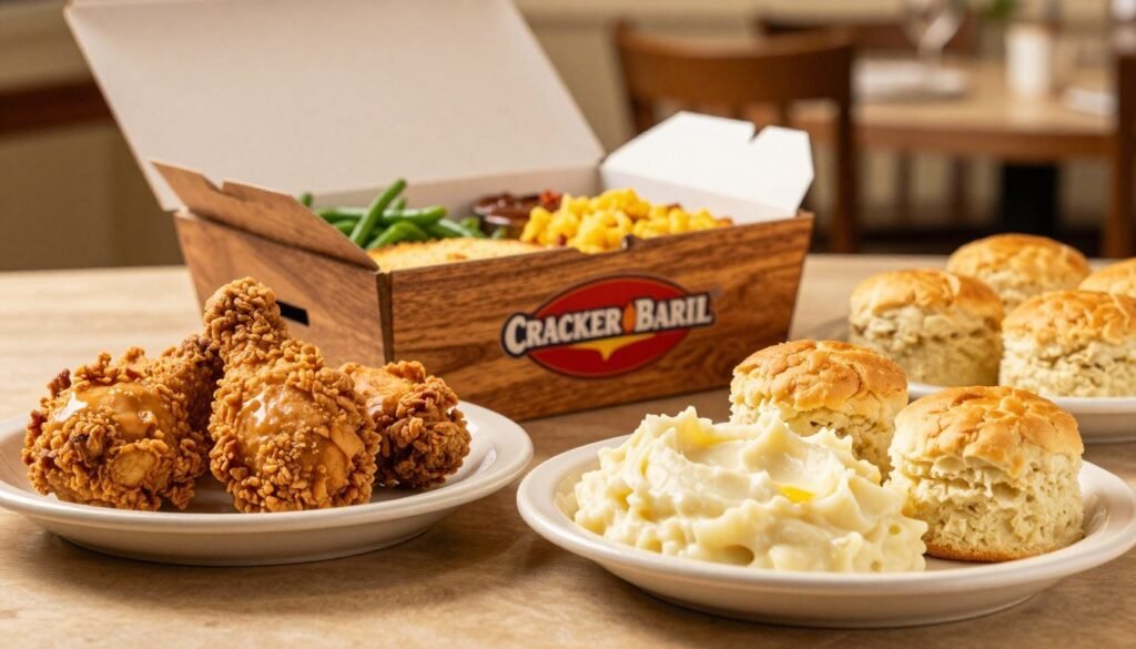 A beautifully arranged table showcasing Cracker Barrel take-out menu items. In the foreground, highlight a variety of comfort food features like crispy fried chicken, creamy mashed potatoes, and fluffy buttermilk biscuits, all served in elegant ceramic plates. In the middle ground, include a wooden Cracker Barrel take-out box slightly open, revealing more delicious sides like green beans and cornbread. The background should have a warm, inviting setting with soft, ambient lighting resembling a cozy dining room, evoking a sense of home. Create a shallow depth of field to draw attention to the food, while maintaining a bright, cheerful atmosphere that reflects the joys of comfort food. Use a lens perspective that captures the richness of the textures and colors, ensuring the food looks appetizing and inviting. A beautifully arranged table showcasing Cracker Barrel take-out menu items. In the foreground, highlight a variety of comfort food features like crispy fried chicken, creamy mashed potatoes, and fluffy buttermilk biscuits, all served in elegant ceramic plates. In the middle ground, include a wooden Cracker Barrel take-out box slightly open, revealing more delicious sides like green beans and cornbread. The background should have a warm, inviting setting with soft, ambient lighting resembling a cozy dining room, evoking a sense of home. Create a shallow depth of field to draw attention to the food, while maintaining a bright, cheerful atmosphere that reflects the joys of comfort food. Use a lens perspective that captures the richness of the textures and colors, ensuring the food looks appetizing and inviting.