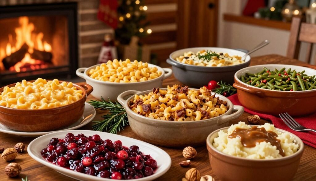 A beautifully arranged table showcasing Cracker Barrel's holiday sides, prominently featuring dishes like creamy macaroni and cheese, savory stuffing, and green bean casserole, all presented in rustic serving bowls. In the foreground, a platter of cranberry relish gleams invitingly under soft, warm lighting, while a bowl of fluffy mashed potatoes topped with gravy adds a comforting touch. The middle of the scene is adorned with vibrant seasonal garnishes such as rosemary sprigs and roasted nuts, enhancing the festive feel. In the background, a cozy log cabin setting is visible, complete with a glowing fireplace and holiday decorations, creating a warm and inviting atmosphere perfect for a holiday gathering. The image should be shot from a slight overhead angle, capturing the abundance and warmth of the feast. A beautifully arranged table showcasing Cracker Barrel's holiday sides, prominently featuring dishes like creamy macaroni and cheese, savory stuffing, and green bean casserole, all presented in rustic serving bowls. In the foreground, a platter of cranberry relish gleams invitingly under soft, warm lighting, while a bowl of fluffy mashed potatoes topped with gravy adds a comforting touch. The middle of the scene is adorned with vibrant seasonal garnishes such as rosemary sprigs and roasted nuts, enhancing the festive feel. In the background, a cozy log cabin setting is visible, complete with a glowing fireplace and holiday decorations, creating a warm and inviting atmosphere perfect for a holiday gathering. The image should be shot from a slight overhead angle, capturing the abundance and warmth of the feast.
