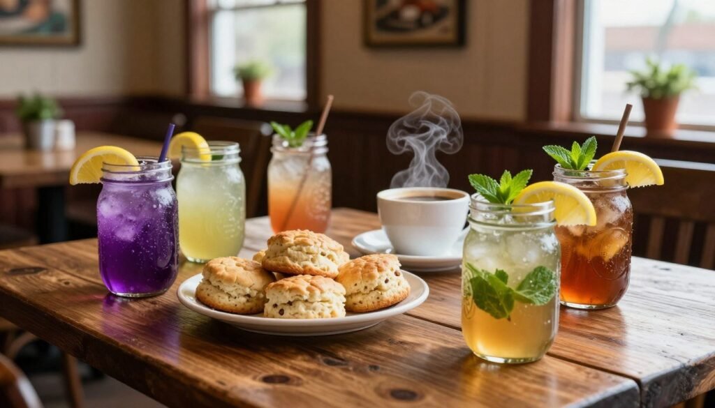 A beautifully arranged table showcasing an array of Cracker Barrel secret drink combinations. In the foreground, a rustic wooden table displays colorful mason jars filled with refreshing beverages, such as a vibrant purple grape soda mixed with lemonade, and a cool mint tea topped with fresh lemon slices. In the middle ground, a plate of iconic Cracker Barrel biscuits sits near a steaming cup of rich coffee, emphasizing the cozy, homey atmosphere. The background features a softly lit, warm-toned country-style restaurant setting, adorned with vintage décor and calming greenery, creating a inviting mood. Soft, natural light filters in from nearby windows, enhancing the inviting and cheerful vibe of the scene. Focused, slightly elevated angle to capture the detailed textures and vibrant colors to draw the viewer in seamlessly.
