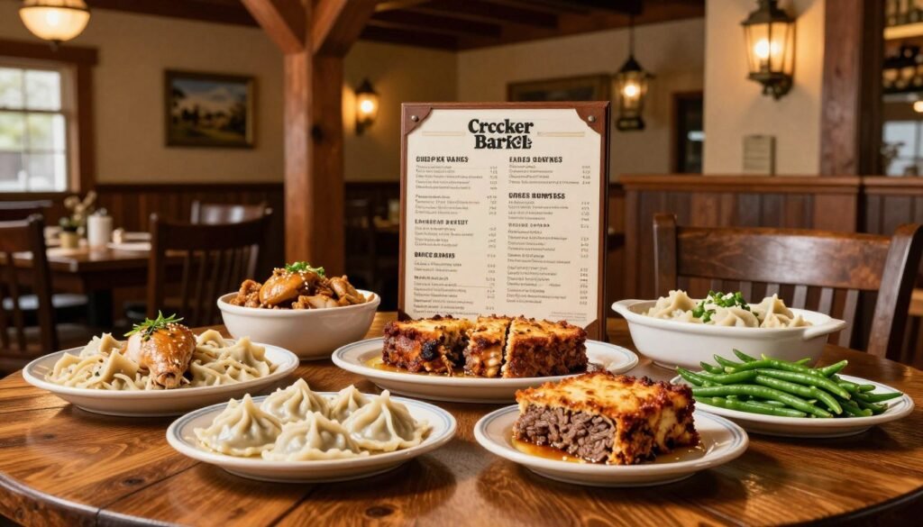 A beautifully arranged table showcasing an array of Cracker Barrel's delicious dinner menu items, hinting at the comforting atmosphere of a rustic dining experience. In the foreground, a wooden table adorned with classic Southern dishes such as chicken and dumplings, meatloaf, and green beans, elegantly plated in traditional dishware. The middle ground features a decorative menu with visually appealing prices, displayed in a simple yet elegant format, inviting viewers to explore. In the background, a cozy, warmly-lit interior of a Cracker Barrel restaurant, complete with wooden beams, vintage decor, and glowing lanterns, creating a homey, welcoming mood. Soft, natural lighting highlights the food's textures and colors, evoking a sense of comfort and nostalgia. The angle captures the scene from slightly above, providing a comprehensive view of the table's inviting display. A beautifully arranged table showcasing an array of Cracker Barrel's delicious dinner menu items, hinting at the comforting atmosphere of a rustic dining experience. In the foreground, a wooden table adorned with classic Southern dishes such as chicken and dumplings, meatloaf, and green beans, elegantly plated in traditional dishware. The middle ground features a decorative menu with visually appealing prices, displayed in a simple yet elegant format, inviting viewers to explore. In the background, a cozy, warmly-lit interior of a Cracker Barrel restaurant, complete with wooden beams, vintage decor, and glowing lanterns, creating a homey, welcoming mood. Soft, natural lighting highlights the food's textures and colors, evoking a sense of comfort and nostalgia. The angle captures the scene from slightly above, providing a comprehensive view of the table's inviting display.