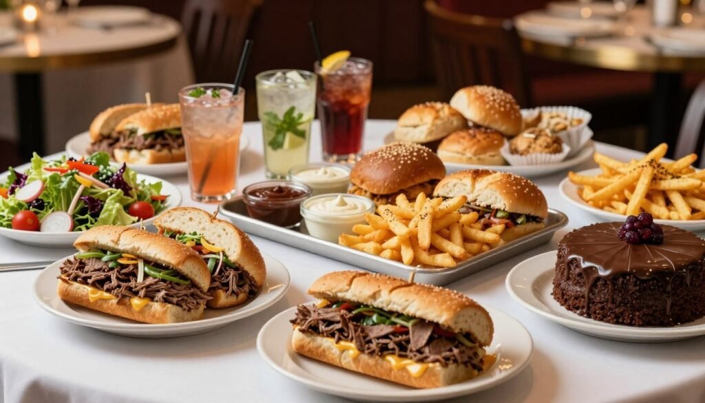 A beautifully arranged table showcasing an array of popular Portillo's catering choices, including savory Italian beef sandwiches, crispy cheese fries, fresh garden salads, and signature chocolate cake. In the foreground, focus on a vibrant spread with colorful garnishes, and elegantly presented dishes. In the middle of the scene, display a tray of rich, creamy dipping sauces alongside assorted buns and cold beverages in stylish glassware. The background features a softly lit dining setting with warm, ambient light creating a welcoming atmosphere. Capture the image from a slightly elevated angle to emphasize the spread, ensuring a clean and sophisticated look while conveying a festive mood ideal for events. The overall composition should feel inviting and appetizing, perfect for impressing guests.