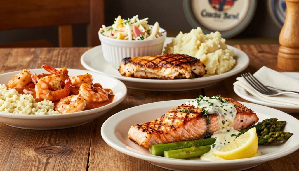 A beautifully arranged table showcasing an enticing selection of Cracker Barrel dinner dishes focused on seafood and grilled choices. In the foreground, feature a perfectly grilled salmon fillet garnished with fresh herbs, a creamy lemon sauce, and accompanied by tender asparagus spears. Beside it, a generous serving of shrimp and grits, with plump shrimp nestled in a rich, savory sauce. In the middle, display a well-seasoned grilled chicken breast alongside a bowl of coleslaw and a side of fluffy mashed potatoes. The background should include rustic wood textures resembling a cozy Cracker Barrel interior, soft warm lighting that enhances the inviting atmosphere, and maybe a hint of decorative plates or country-style accents. The image captures a delightful, homey mood, perfect for celebrating comfort food. A beautifully arranged table showcasing an enticing selection of Cracker Barrel dinner dishes focused on seafood and grilled choices. In the foreground, feature a perfectly grilled salmon fillet garnished with fresh herbs, a creamy lemon sauce, and accompanied by tender asparagus spears. Beside it, a generous serving of shrimp and grits, with plump shrimp nestled in a rich, savory sauce. In the middle, display a well-seasoned grilled chicken breast alongside a bowl of coleslaw and a side of fluffy mashed potatoes. The background should include rustic wood textures resembling a cozy Cracker Barrel interior, soft warm lighting that enhances the inviting atmosphere, and maybe a hint of decorative plates or country-style accents. The image captures a delightful, homey mood, perfect for celebrating comfort food.