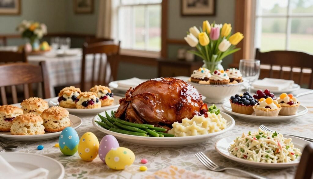 A beautifully arranged table showcasing the Cracker Barrel Easter Menu, featuring a centerpiece of a glazed ham surrounded by hearty sides like green beans, mashed potatoes, and creamy coleslaw. In the foreground, a colorful Easter-themed table setting with decorative eggs and fresh spring flowers, creating a festive atmosphere. The middle of the image highlights an assortment of classic comfort foods including fluffy buttermilk biscuits, fruit cobbler, and an assortment of seasonal desserts. The background features a quaint, rustic dining area reminiscent of Cracker Barrel’s warm and inviting style, softly lit by warm, natural light filtering through large windows. The mood is cheerful and inviting, perfect for a family gathering during the holiday. Emphasize vibrant colors and a celebratory ambiance, with a focus on the delicious dishes presented.