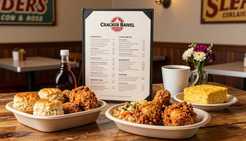 A beautifully organized Cracker Barrel takeout menu displayed on a rustic wooden table, showcasing homestyle favorites like biscuits, fried chicken, and hearty sides. In the foreground, a vibrant, freshly prepared meal in eco-friendly packaging, with a side of syrup and cornbread, visually appealing and mouth-watering. The middle ground features a stylish paper menu with the Cracker Barrel logo, elegantly presented alongside a cup of hot coffee and a small flower vase for a homely touch. In the background, softly blurred, charming diner decor with country-style elements like vintage signs and warm lighting creates an inviting atmosphere. The scene is warmly lit, evoking comfort and nostalgia, shot from a slightly elevated angle to capture all elements. A beautifully organized Cracker Barrel takeout menu displayed on a rustic wooden table, showcasing homestyle favorites like biscuits, fried chicken, and hearty sides. In the foreground, a vibrant, freshly prepared meal in eco-friendly packaging, with a side of syrup and cornbread, visually appealing and mouth-watering. The middle ground features a stylish paper menu with the Cracker Barrel logo, elegantly presented alongside a cup of hot coffee and a small flower vase for a homely touch. In the background, softly blurred, charming diner decor with country-style elements like vintage signs and warm lighting creates an inviting atmosphere. The scene is warmly lit, evoking comfort and nostalgia, shot from a slightly elevated angle to capture all elements.