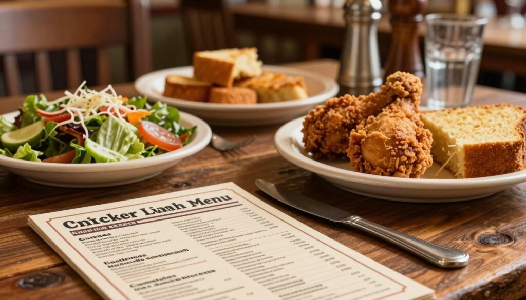 A beautifully styled table setting featuring an array of Cracker Barrel lunch menu items, including a colorful salad, crispy fried chicken, and a slice of cornbread, artistically arranged on vintage tableware. In the foreground, focus on a nutritional information card, elegantly designed, showcasing calories and key nutritional details in stylish fonts, with natural lighting emphasizing the textures of the food. The middle ground displays a rustic wooden table, reminiscent of Cracker Barrel's cozy dining environment. In the background, soft, warm tones reflect a welcoming atmosphere, with country-style decor subtly hinting at the restaurant's charm. The scene conveys a sense of comfort and homeliness while inviting viewers to learn more about the nutrition information of their favorite lunch options.