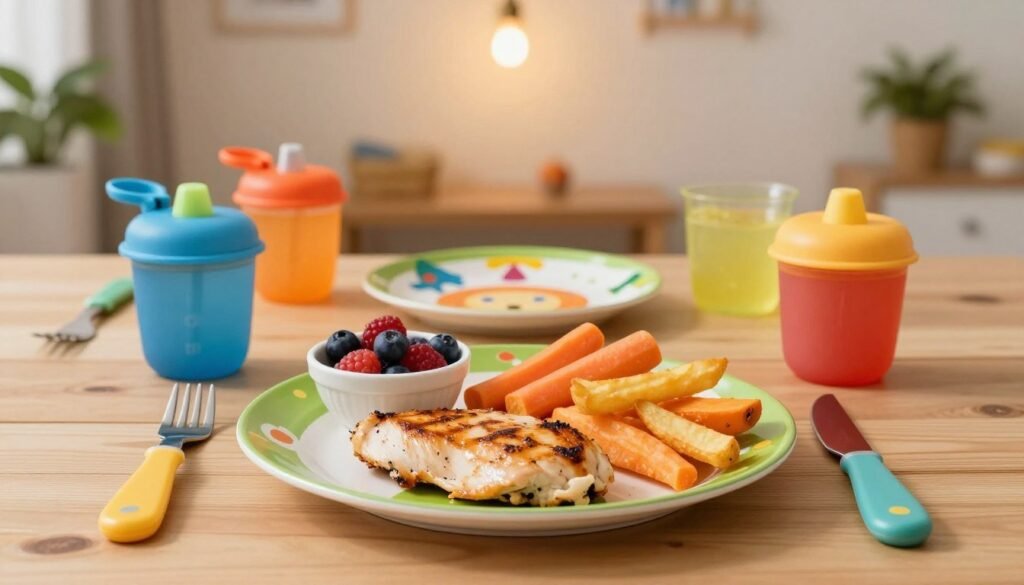 A bright, colorful scene of a nutritious kids' meal spread out on a wooden table. In the foreground, a vibrant plate featuring a variety of wholesome food items: a grilled chicken breast, sweet potato fries, fresh carrot sticks, and a small bowl of mixed berries. In the middle, a fun, whimsical design on a children's plate, decorated with cartoon characters. Surrounding the plate, playful cutlery and sippy cups in bright colors create a cheerful atmosphere. The background shows a cozy dining room with warm, inviting lighting coming from a rustic chandelier, softly illuminating the meal. A hint of greenery from a nearby potted plant adds a touch of freshness. The overall mood is joyful and inviting, perfect for children’s dining experiences. A bright, colorful scene of a nutritious kids' meal spread out on a wooden table. In the foreground, a vibrant plate featuring a variety of wholesome food items: a grilled chicken breast, sweet potato fries, fresh carrot sticks, and a small bowl of mixed berries. In the middle, a fun, whimsical design on a children's plate, decorated with cartoon characters. Surrounding the plate, playful cutlery and sippy cups in bright colors create a cheerful atmosphere. The background shows a cozy dining room with warm, inviting lighting coming from a rustic chandelier, softly illuminating the meal. A hint of greenery from a nearby potted plant adds a touch of freshness. The overall mood is joyful and inviting, perfect for children’s dining experiences.