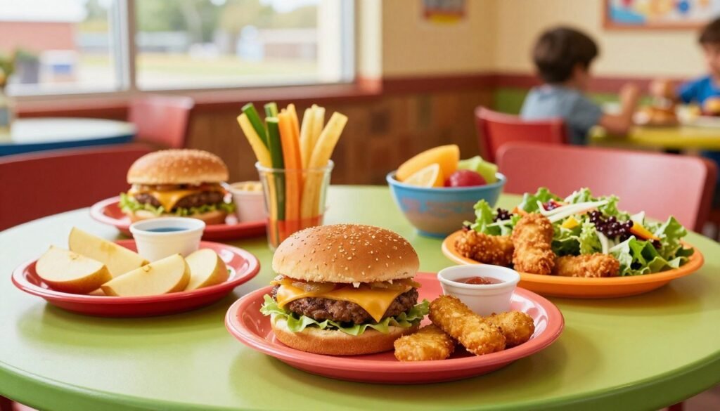 A colorful and appetizing display of kid-friendly menu options from Portillo's, including a small cheeseburger, chicken tenders, and a fresh garden salad on a bright, cheerful table. In the foreground, focus on a vibrant plate with a side of apple slices and a small drink cup. In the middle, a colorful array of other kid-friendly items, emphasizing variety and nutritional balance, like a veggie stick assortment and a small bowl of fruit. The background features a warm, family-friendly restaurant environment, softly lit with natural light coming from large windows, creating an inviting atmosphere. Capture the image from a slightly elevated angle to showcase the food while maintaining a cozy dining vibe, evoking a sense of joy and healthy choices for families. A colorful and appetizing display of kid-friendly menu options from Portillo's, including a small cheeseburger, chicken tenders, and a fresh garden salad on a bright, cheerful table. In the foreground, focus on a vibrant plate with a side of apple slices and a small drink cup. In the middle, a colorful array of other kid-friendly items, emphasizing variety and nutritional balance, like a veggie stick assortment and a small bowl of fruit. The background features a warm, family-friendly restaurant environment, softly lit with natural light coming from large windows, creating an inviting atmosphere. Capture the image from a slightly elevated angle to showcase the food while maintaining a cozy dining vibe, evoking a sense of joy and healthy choices for families.