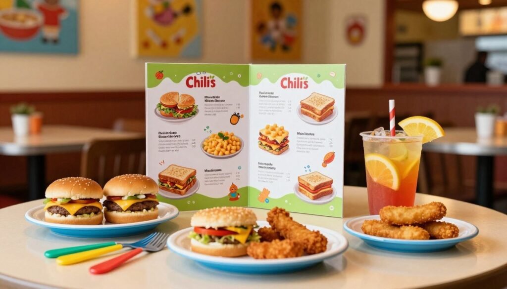 A colorful and inviting children's menu display at Chili's, featuring several playful dishes like mini cheeseburgers, chicken fingers, and a vibrant fruit cup. In the foreground, a beautifully arranged table setting with a small plate of kids’ food and bright, cheerful utensils. In the middle, a creative and fun-themed menu with illustrations of the dishes and playful designs, showcasing options like mac and cheese and grilled cheese sandwiches. The background features a warm, family-friendly restaurant atmosphere with colorful wall decorations and ambient lighting creating a friendly dining experience. The mood is playful and vibrant, encouraging children to enjoy their meal. Soft focus with a slight lens distortion to enhance the whimsical feel of the setting, capturing a fun dining experience for kids.