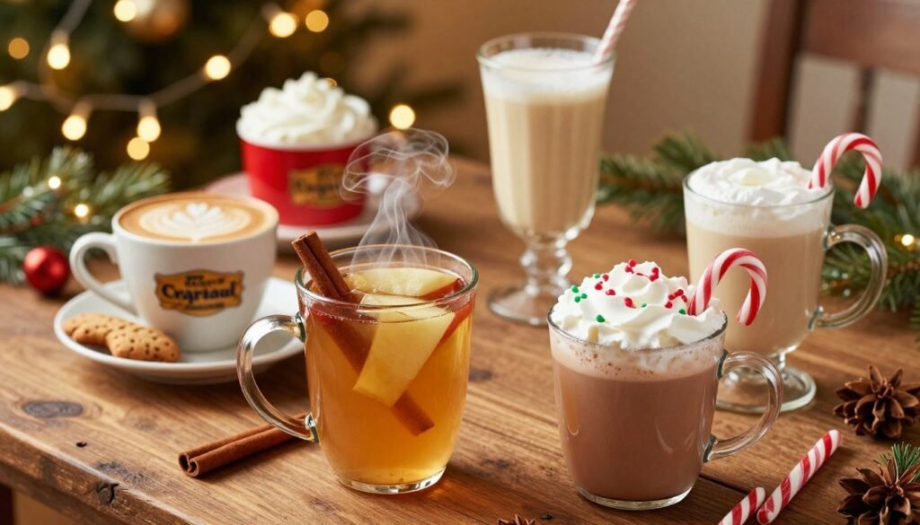 A cozy, inviting scene showcasing a variety of Cracker Barrel’s holiday drinks, arranged on a rustic wooden table. In the foreground, prominently display a steaming mug of spiced apple cider with a cinnamon stick garnish, and a frothy peppermint hot chocolate topped with whipped cream and colorful candy canes. The middle ground features an array of festive beverages, including a warm gingerbread latte with a cookie on the side and a rich eggnog served in a vintage glass. Soft, golden fairy lights twinkle in the background, enhancing the warm, festive atmosphere of a holiday gathering. The setting is illuminated by warm, soft lighting to evoke a cheerful, inviting mood, reminiscent of a family-friendly holiday celebration. A cozy, inviting scene showcasing a variety of Cracker Barrel’s holiday drinks, arranged on a rustic wooden table. In the foreground, prominently display a steaming mug of spiced apple cider with a cinnamon stick garnish, and a frothy peppermint hot chocolate topped with whipped cream and colorful candy canes. The middle ground features an array of festive beverages, including a warm gingerbread latte with a cookie on the side and a rich eggnog served in a vintage glass. Soft, golden fairy lights twinkle in the background, enhancing the warm, festive atmosphere of a holiday gathering. The setting is illuminated by warm, soft lighting to evoke a cheerful, inviting mood, reminiscent of a family-friendly holiday celebration.