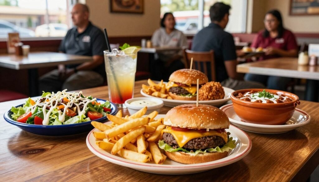 A cozy table set for a diverse selection of complete lunch combos from Chili's, featuring a colorful array of dishes. In the foreground, a vibrant plate showcases a classic cheeseburger with crispy fries, a fresh salad drizzled with dressing, and a hearty bowl of chili. In the middle ground, a refreshing beverage and dipping sauces are artfully arranged, with a backdrop of a warm, inviting restaurant interior featuring friendly staff in professional casual attire. Soft natural lighting filters in through large windows, creating a relaxed atmosphere. Capture the essence of affordable midday meals with a slightly elevated angle to emphasize the deliciousness and variety of the combinations, inviting the viewer into a satisfying dining experience. A cozy table set for a diverse selection of complete lunch combos from Chili's, featuring a colorful array of dishes. In the foreground, a vibrant plate showcases a classic cheeseburger with crispy fries, a fresh salad drizzled with dressing, and a hearty bowl of chili. In the middle ground, a refreshing beverage and dipping sauces are artfully arranged, with a backdrop of a warm, inviting restaurant interior featuring friendly staff in professional casual attire. Soft natural lighting filters in through large windows, creating a relaxed atmosphere. Capture the essence of affordable midday meals with a slightly elevated angle to emphasize the deliciousness and variety of the combinations, inviting the viewer into a satisfying dining experience.