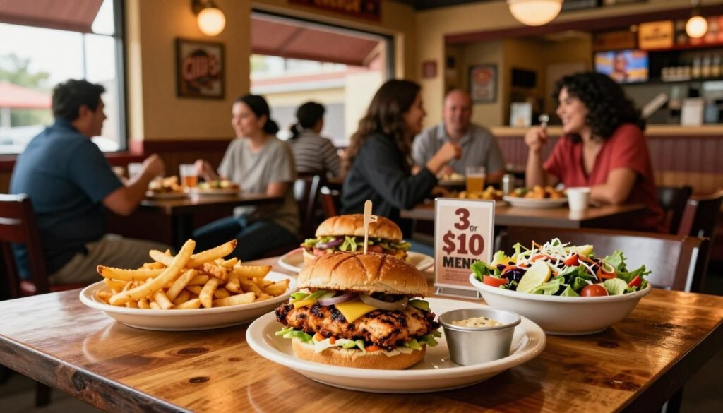 A cozy, warmly lit Chili's restaurant setting showcasing a vibrant table filled with mouthwatering dishes from the "3 for $10 Menu." In the foreground, a stylish wooden table presents a colorful array of food: a perfectly grilled chicken sandwich, crispy loaded fries, and a vibrant garden salad, artfully arranged to emphasize their freshness. In the middle ground, a casual dining atmosphere features patrons in modest casual clothing enjoying their meals, smiling and engaged in conversation. The background reveals a tastefully decorated restaurant interior, with Chili's signature decor, warm colors, and a soft ambiance. Natural lighting filters in through large windows, casting a welcoming glow over the scene, evoking a sense of comfort and community. A cozy, warmly lit Chili's restaurant setting showcasing a vibrant table filled with mouthwatering dishes from the "3 for $10 Menu." In the foreground, a stylish wooden table presents a colorful array of food: a perfectly grilled chicken sandwich, crispy loaded fries, and a vibrant garden salad, artfully arranged to emphasize their freshness. In the middle ground, a casual dining atmosphere features patrons in modest casual clothing enjoying their meals, smiling and engaged in conversation. The background reveals a tastefully decorated restaurant interior, with Chili's signature decor, warm colors, and a soft ambiance. Natural lighting filters in through large windows, casting a welcoming glow over the scene, evoking a sense of comfort and community.