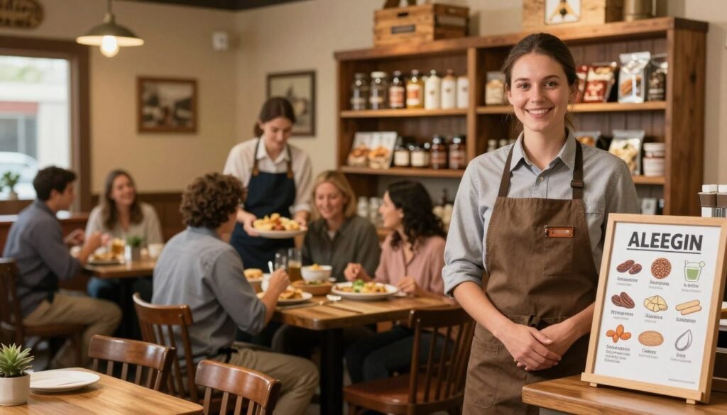 A cozy, well-lit Cracker Barrel restaurant interior, featuring a charming wooden decor with country-style tables and chairs. In the foreground, a professional-looking, friendly employee in a collared shirt and apron stands beside a display board highlighting allergen information, showcasing icons representing common allergens like nuts, gluten, and dairy. In the middle ground, families dine happily at their tables, with a waitress serving food, emphasizing a welcoming atmosphere. The background showcases shelves stacked with country-themed merchandise and soft, warm lighting casting a comforting glow. The overall mood is inviting and reassuring, reflecting Cracker Barrel’s commitment to allergen awareness and safety in its kitchen practices.