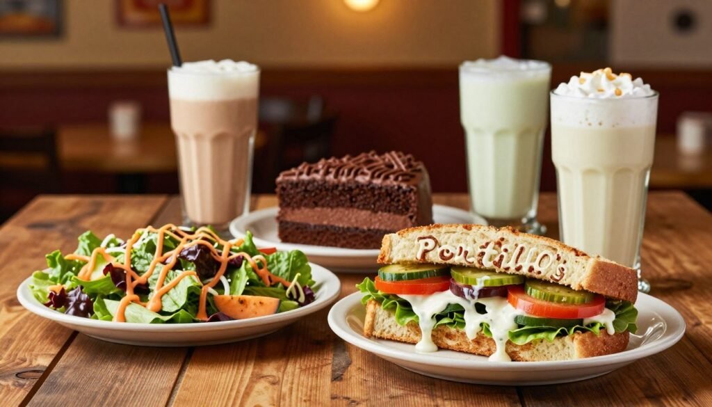 A delicious assortment of dairy-free menu items from Portillo's, placed artfully on a rustic wooden table. In the foreground, feature a hearty vegan Portillo's sandwich, adorned with fresh vegetables and a creamy dairy-free sauce, beside a colorful fresh salad drizzled with vinaigrette. In the middle ground, showcase a mouth-watering dairy-free dessert, like a rich chocolate cake made without lactose, and a selection of refreshing beverages like a plant-based milkshake. The background should include a softly blurred image of a cozy restaurant ambiance, with warm lighting that creates an inviting atmosphere. A shallow depth of field enhances the focus on the food items, making them the centerpiece of this appetizing scene.