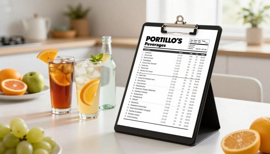 A detailed nutrition information chart for Portillo's beverages set against a clean, modern background. In the foreground, a colorful array of low-calorie drink options, like iced tea, flavored seltzer, and light sodas, displayed in clear glasses with ice and citrus garnishes. The chart, positioned on a sleek black clipboard, features nutritional values such as calories, sugar content, and serving sizes, artistically integrated into the design without any text. The middle ground showcases a kitchen table setting with fresh fruit and minimalist decor, hinting at a healthy lifestyle. Soft, natural lighting filters through a nearby window, creating a warm and inviting atmosphere. The image evokes a sense of health-conscious decision-making, perfect for readers exploring nutritious beverage choices. A detailed nutrition information chart for Portillo's beverages set against a clean, modern background. In the foreground, a colorful array of low-calorie drink options, like iced tea, flavored seltzer, and light sodas, displayed in clear glasses with ice and citrus garnishes. The chart, positioned on a sleek black clipboard, features nutritional values such as calories, sugar content, and serving sizes, artistically integrated into the design without any text. The middle ground showcases a kitchen table setting with fresh fruit and minimalist decor, hinting at a healthy lifestyle. Soft, natural lighting filters through a nearby window, creating a warm and inviting atmosphere. The image evokes a sense of health-conscious decision-making, perfect for readers exploring nutritious beverage choices.